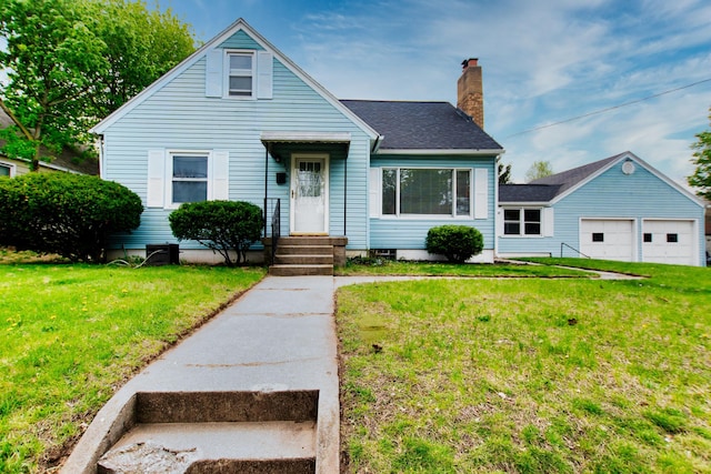 bungalow-style home featuring a chimney and a front yard