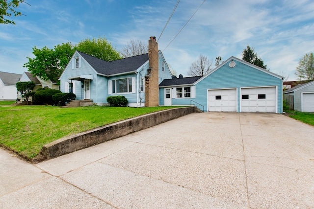 view of front of home featuring a garage, a chimney, driveway, and a front lawn