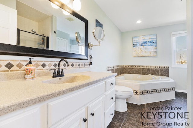 full bath featuring visible vents, decorative backsplash, vanity, a shower, and a bath
