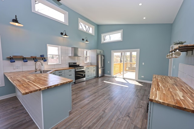 kitchen featuring wall chimney range hood, stainless steel appliances, butcher block counters, and a sink