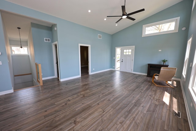 unfurnished living room featuring high vaulted ceiling, visible vents, a wealth of natural light, and ceiling fan