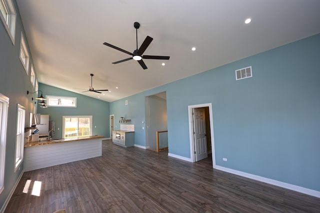 unfurnished living room featuring high vaulted ceiling, dark wood finished floors, a ceiling fan, recessed lighting, and visible vents