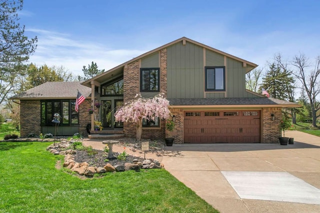 view of front of house with brick siding, a garage, board and batten siding, and concrete driveway