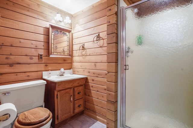 bathroom with toilet, wood walls, and a stall shower