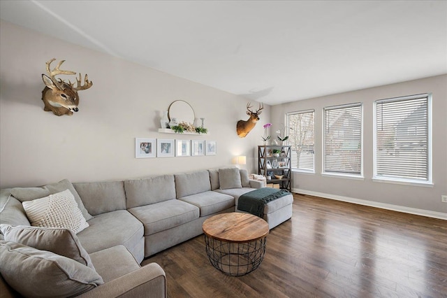 living room with baseboards and dark wood-style floors