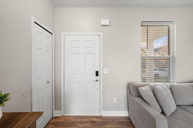 entrance foyer featuring baseboards and dark wood-type flooring
