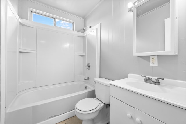 full bath with crown molding, vanity, toilet, and tub / shower combination