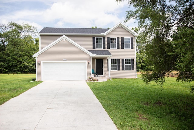 traditional home with a garage, driveway, roof with shingles, and a front lawn