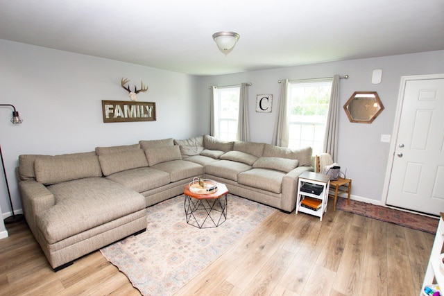 living area featuring baseboards and wood finished floors