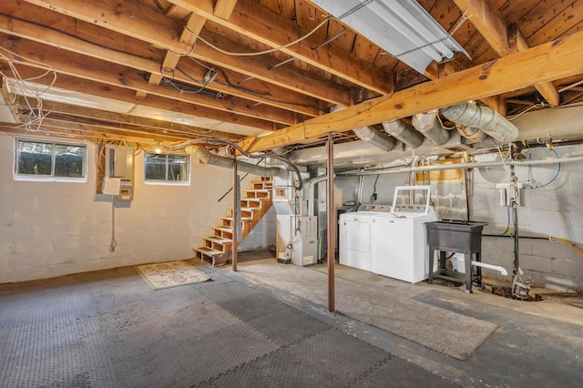 basement with a sink, heating unit, washer and clothes dryer, stairway, and electric panel