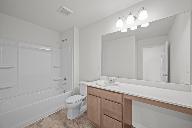 bathroom with toilet, visible vents, tub / shower combination, and vanity