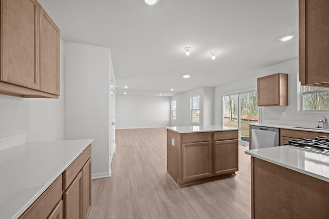 kitchen featuring stainless steel dishwasher, a sink, light wood-style flooring, and light countertops