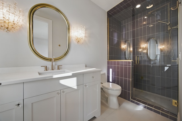3281 Chickering Ln, Bloomfield Hills, MI 48302 - bathroom featuring a stall shower, vanity, toilet, and tile patterned flooring