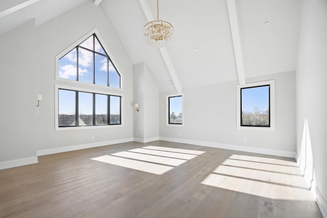 3281 Chickering Ln, Bloomfield Hills, MI 48302 - unfurnished living room featuring high vaulted ceiling, beamed ceiling, baseboards, wood finished floors, and a chandelier