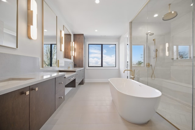 3281 Chickering Ln, Bloomfield Hills, MI 48302 - bathroom with a tile shower, healthy amount of natural light, vanity, a freestanding bath, and recessed lighting
