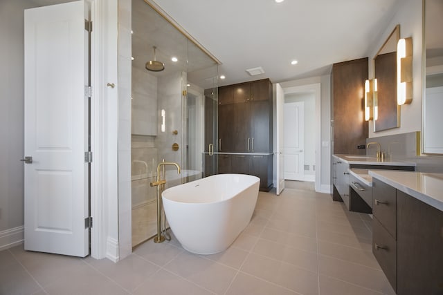 3281 Chickering Ln, Bloomfield Hills, MI 48302 - full bathroom featuring vanity, a stall shower, tile patterned floors, a soaking tub, and recessed lighting