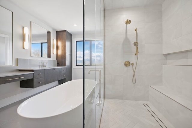 3281 Chickering Ln, Bloomfield Hills, MI 48302 - bathroom with a soaking tub, tiled shower, vanity, and recessed lighting