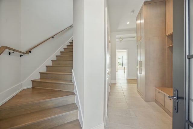 3281 Chickering Ln, Bloomfield Hills, MI 48302 - staircase featuring recessed lighting, tile patterned floors, and baseboards