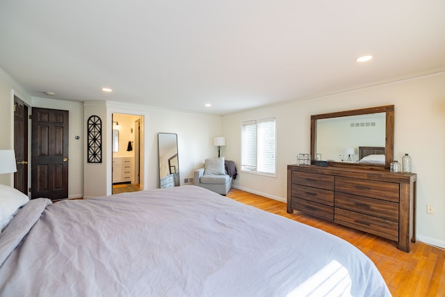 bedroom with baseboards, ornamental molding, wood finished floors, and recessed lighting