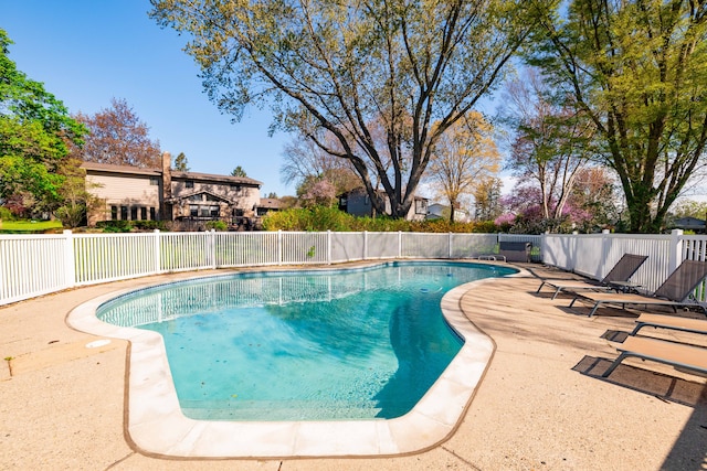 view of pool featuring a fenced in pool, fence, and a patio