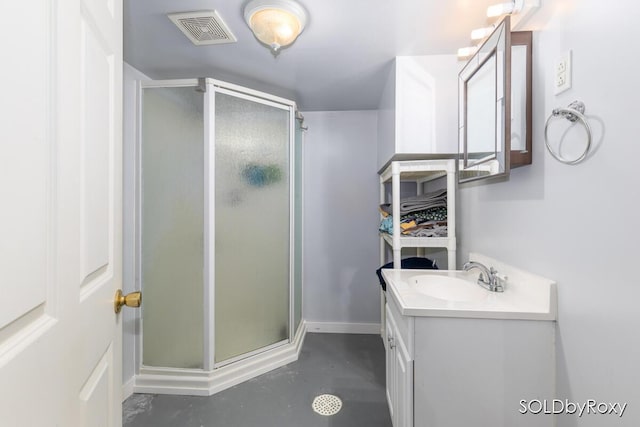 full bath with vanity, a shower stall, concrete flooring, and visible vents