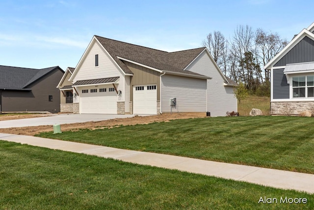 exterior space with stone siding, board and batten siding, concrete driveway, an attached garage, and a yard