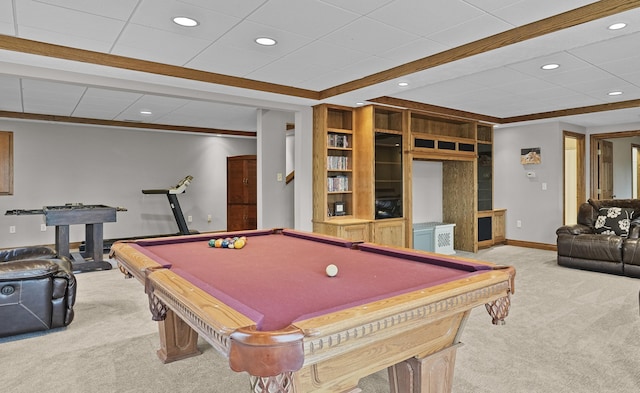 rec room with light colored carpet, recessed lighting, baseboards, and pool table
