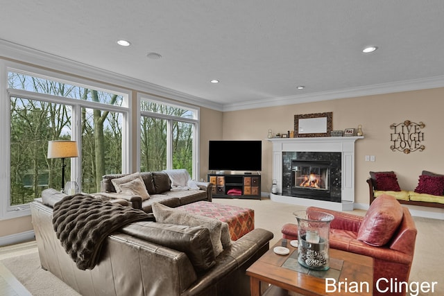 living area featuring baseboards, ornamental molding, recessed lighting, and a premium fireplace