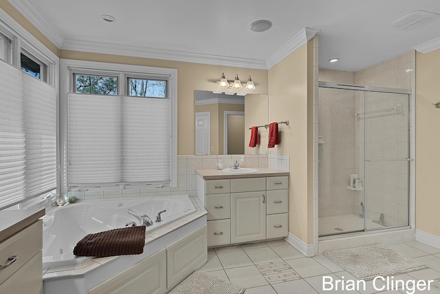 bathroom featuring vanity, tile patterned floors, a stall shower, and a bath