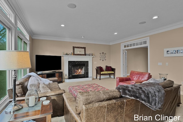 carpeted living room with crown molding, a high end fireplace, and plenty of natural light