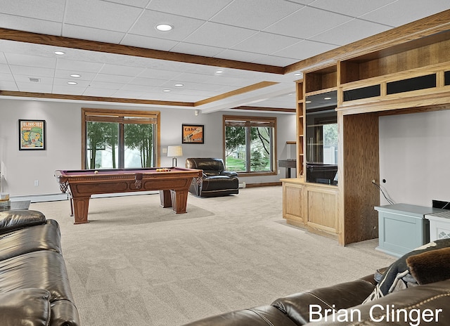rec room featuring baseboards, billiards, a healthy amount of sunlight, and light carpet