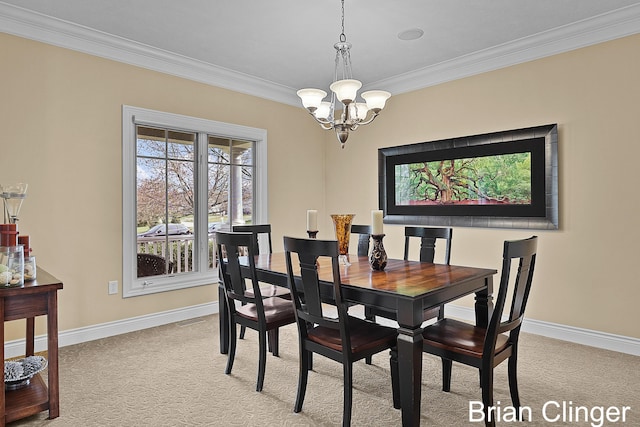 dining space featuring crown molding, an inviting chandelier, light carpet, baseboards, and visible vents