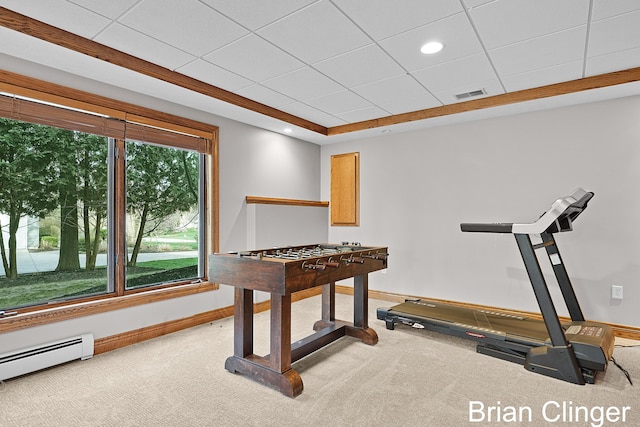 game room with baseboards, a baseboard radiator, carpet floors, and visible vents