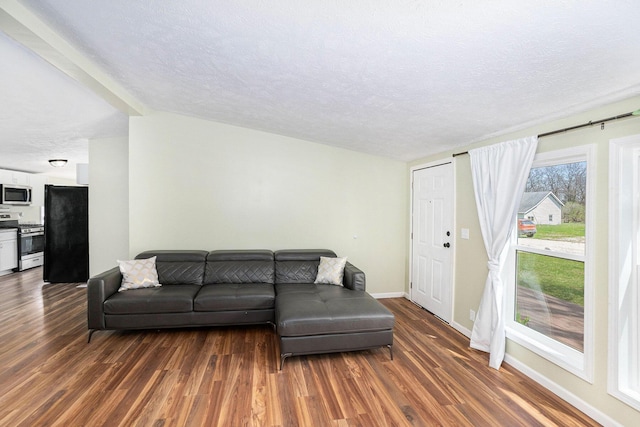 living room featuring baseboards, a textured ceiling, and dark wood finished floors