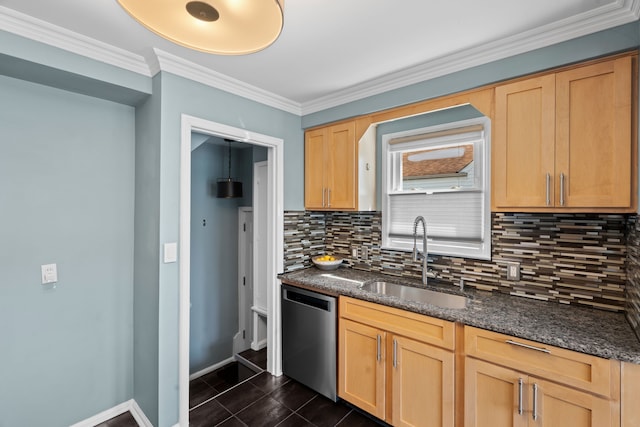 kitchen featuring light brown cabinetry, a sink, dishwasher, baseboards, and backsplash