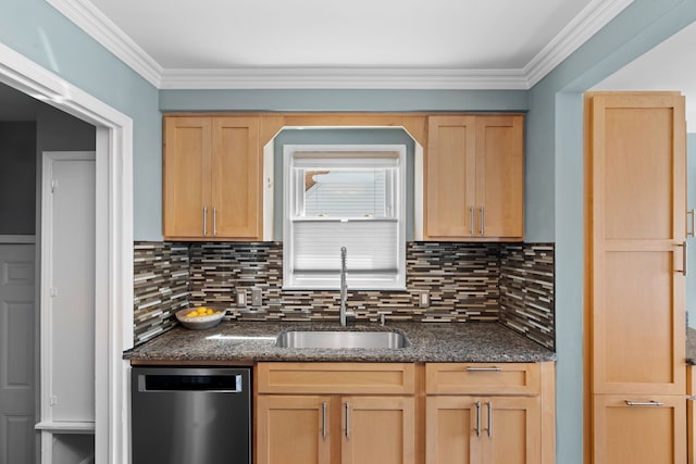 kitchen with light brown cabinetry, decorative backsplash, a sink, and dishwasher