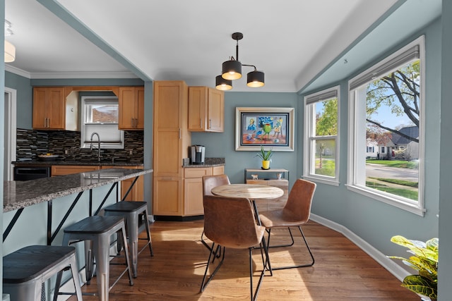 dining area with baseboards, ornamental molding, a healthy amount of sunlight, and wood finished floors