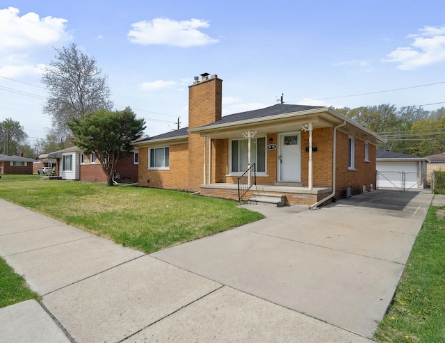 9119 Seminole, Redford, MI 48239 - view of front of property featuring a porch, a chimney, a garage, brick siding, and a front lawn