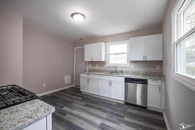 kitchen with stainless steel dishwasher, visible vents, white cabinets, a sink, and a wealth of natural light