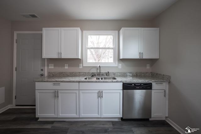 kitchen with stainless steel dishwasher, white cabinets, visible vents, and a sink