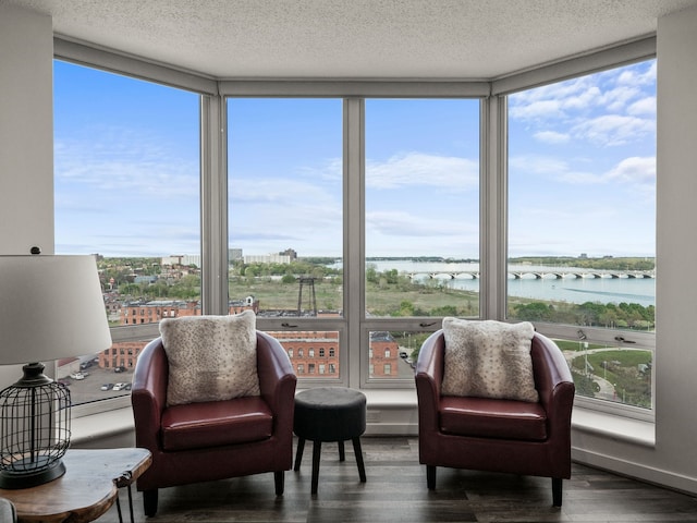 living area with a water view, wood finished floors, and healthy amount of natural light