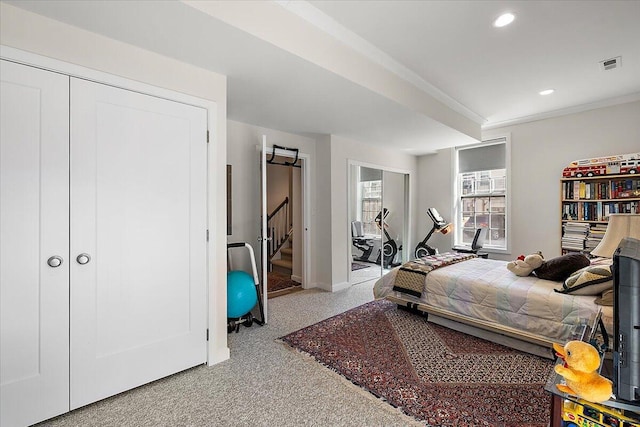 bedroom featuring visible vents, ornamental molding, baseboards, recessed lighting, and carpet flooring