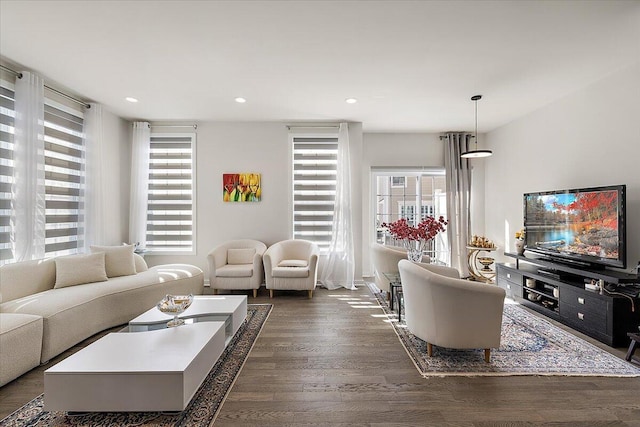 living area featuring dark wood-style flooring, baseboards, and recessed lighting