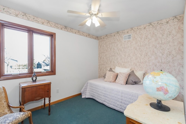 bedroom with baseboards, ceiling fan, carpet flooring, and visible vents