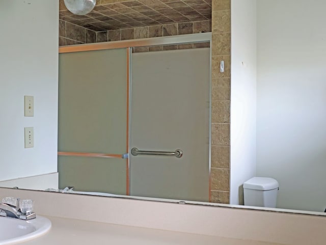 bathroom with a sink, an enclosed shower, and toilet