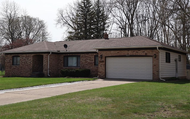 ranch-style home with a garage, a chimney, a front yard, and brick siding