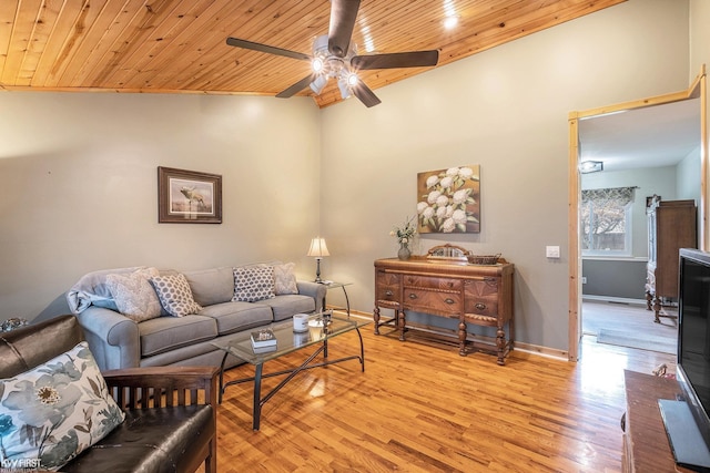 living room with a ceiling fan, baseboards, wood finished floors, and wood ceiling