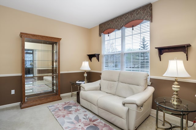 living area with carpet floors and baseboards