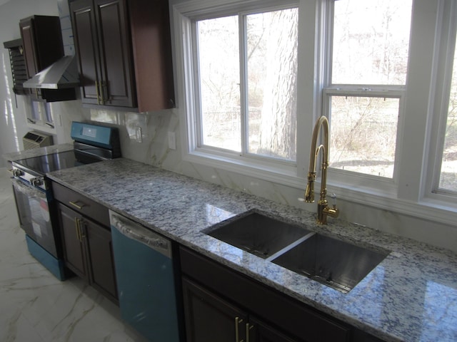 kitchen with stainless steel electric range, light stone counters, ventilation hood, a sink, and dishwashing machine
