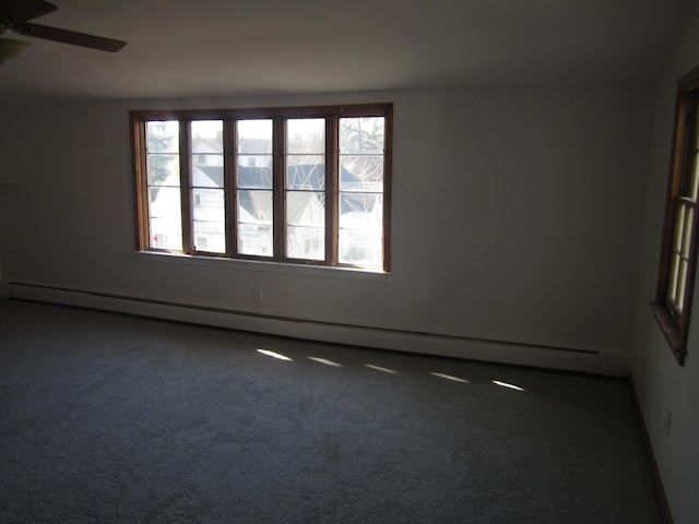 empty room with a healthy amount of sunlight, carpet floors, ceiling fan, and a baseboard heating unit